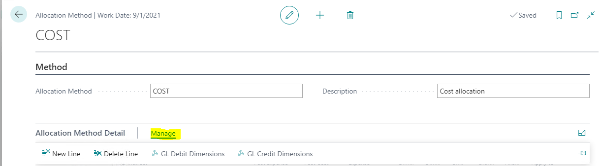 Allocation Method - Manage tab