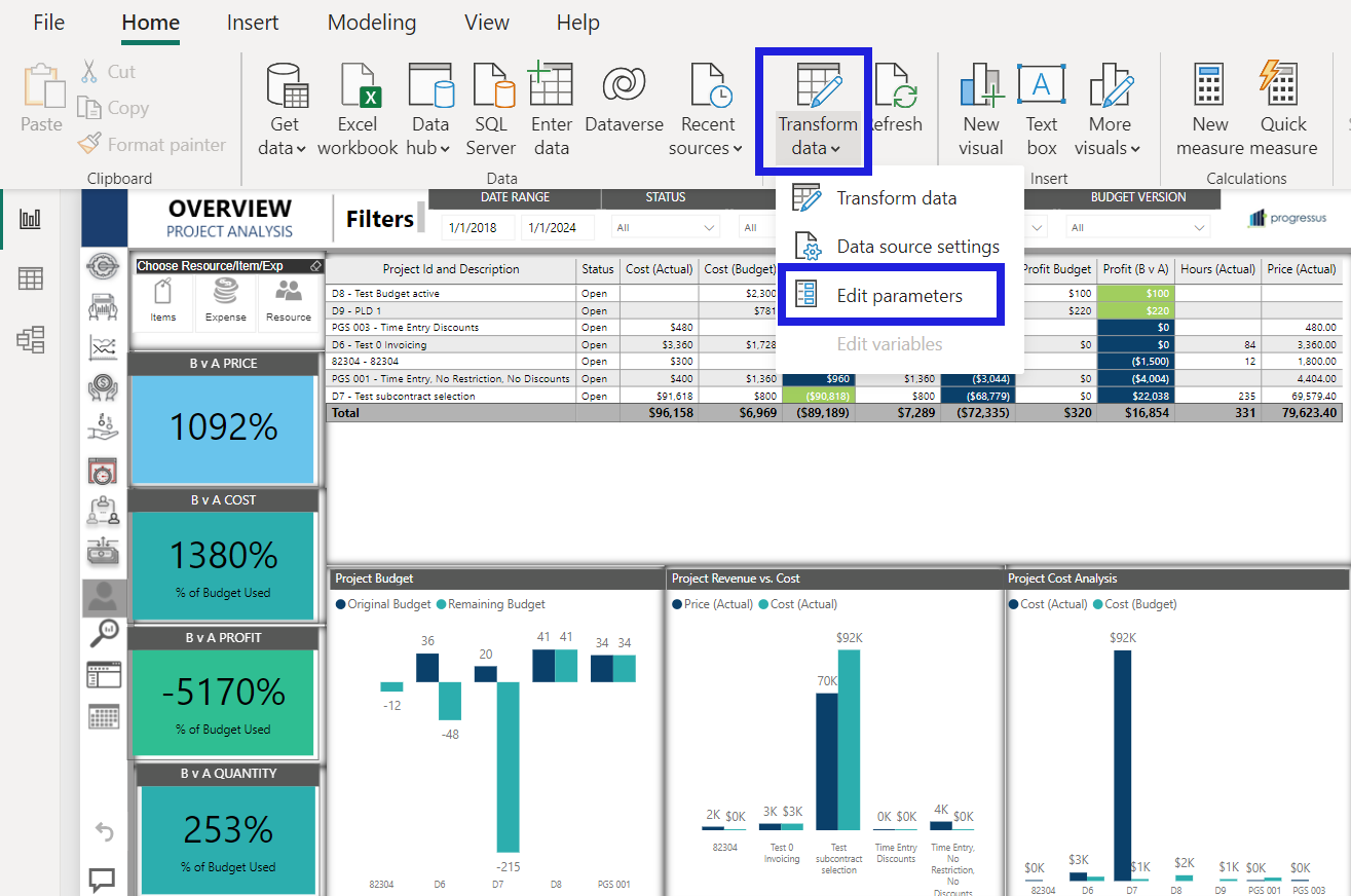 Transform Data - Edit Parameters